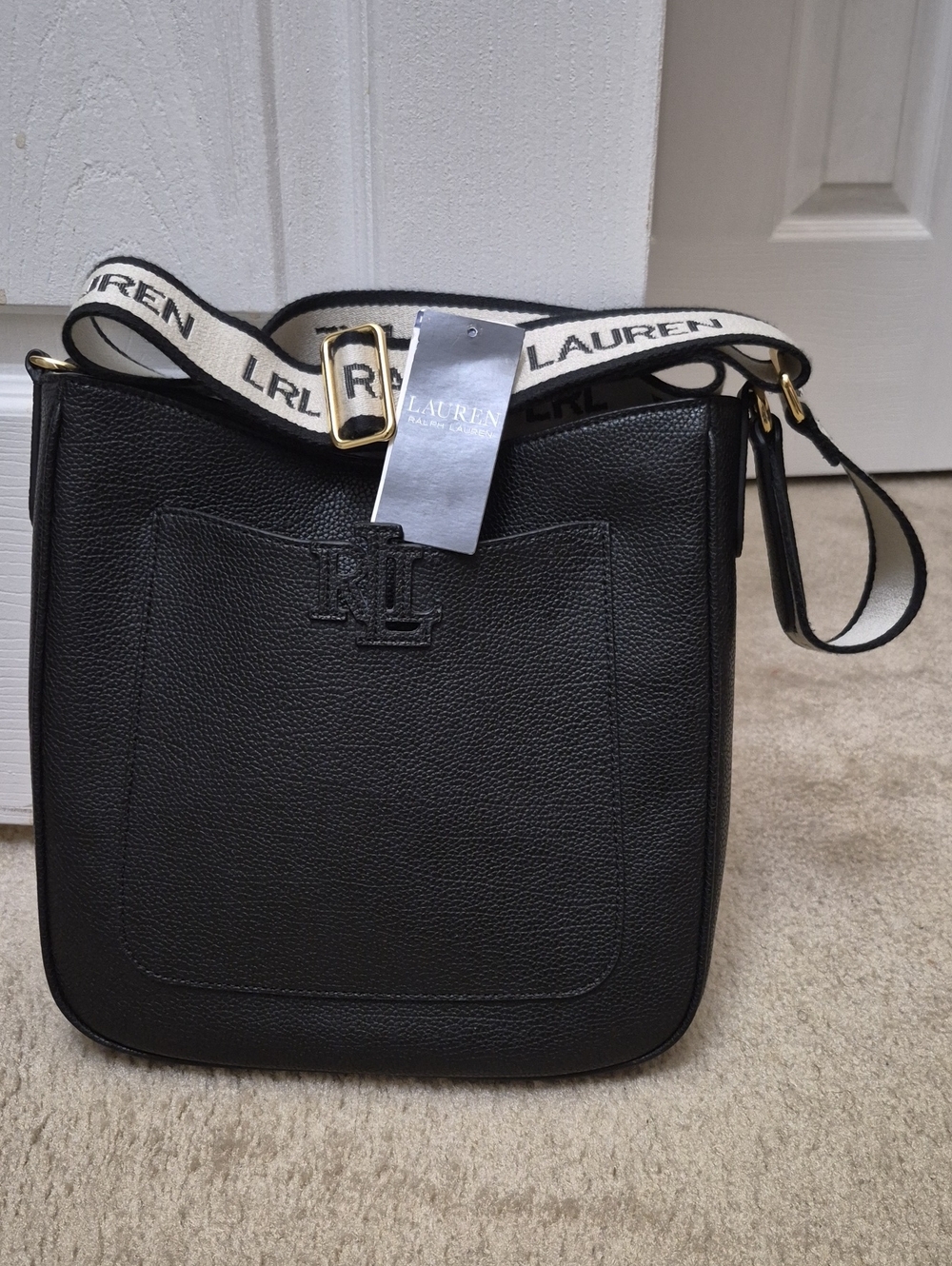 Lauren Ralph Lauren Black Pebbled Leather Crossbody with Cream Branded Strap